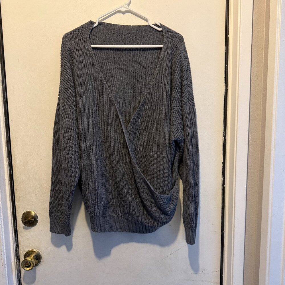 shein gray cross over long sleeve knit sweater 2xl (007)